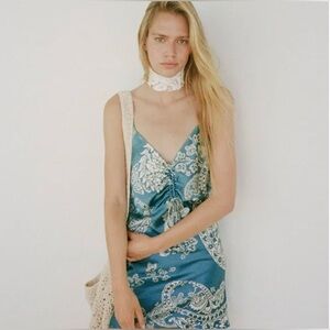 Zara Teal Blue Paisley Satin Slip Mini Dress Ruched Bust Spaghetti Straps Size M